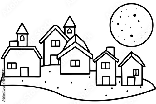 cozy village under full moon vector illustration