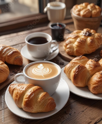 Close-up of coffee and pastries; rustic setting ,  eat,  warm,  cup