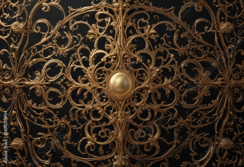 Intricate gold filigree on black, shimmering accents, black, dark