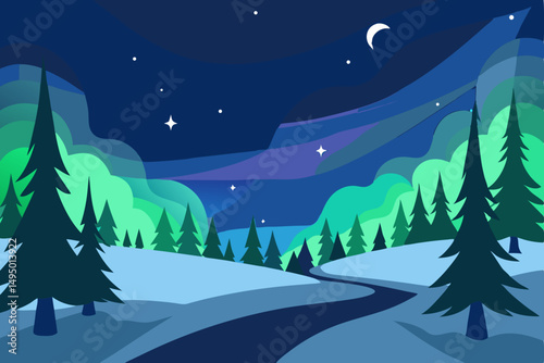 vector northern lights over snowy forest vector illustration