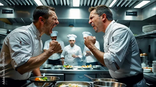 Heated Argument Between Chefs in Busy Restaurant Kitchen with Staff Cooking in Background