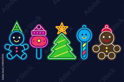 bright neon christmas icons vector illustration