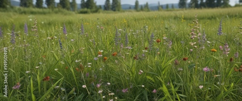 Intricate seamless border of lush meadow grasses and blooming wildflowers, buzzing with insects ,  bloom,  summer
