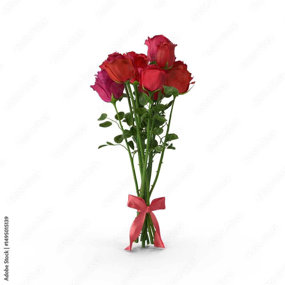 Obraz premium Bouquet of Red and Pink Roses with Ribbon Isolated on White Background