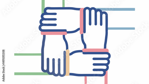 Four hands linked together in a square formation with colorful bands on a grid background design element