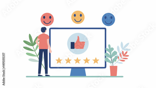 A person looking at a computer screen displaying a thumbs up icon and five stars with smiling faces above it