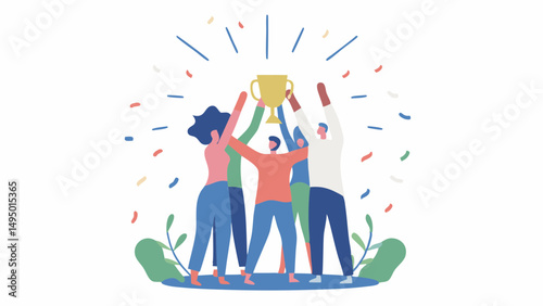Illustration of a group of people holding a golden trophy with confetti falling around them in celebration