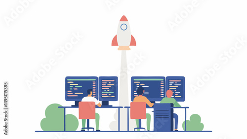 Illustration of three developers coding at computers with a rocket launching in the background scene view