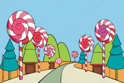 Candy Cane Lane with Lollipop Trees Vector Illustration