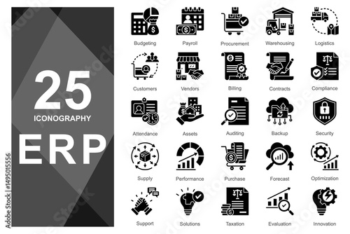 Solid glyph icons for enterprise suite tools.              