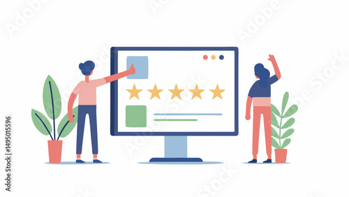 People interacting with a large screen displaying a five star rating and interface elements online review