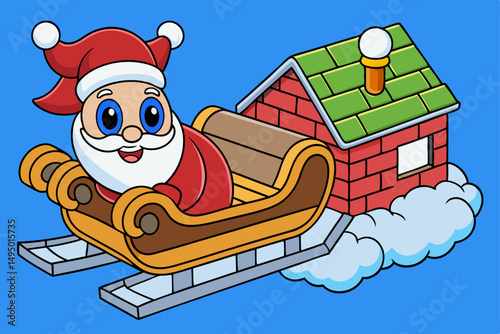 santas sleigh launching from snow covered rooftop vector illustration
