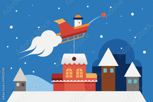 santa sleigh launching from snow covered rooftop vector illustration