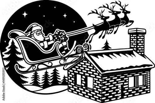 Santa’s sleigh launching from a snowy rooftop vector illustration