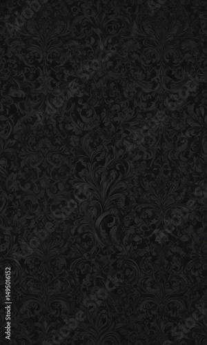 Seamless black gothic wallpaper with swirling vines and floral damask, gothic, background