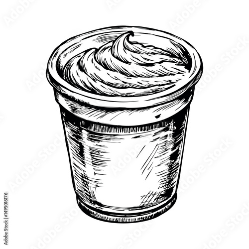 Cup of sour cream with thick texture drawn in vintage style