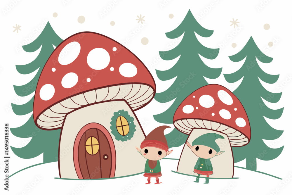Fototapeta premium Christmas gnomes in mushroom houses vector illustration