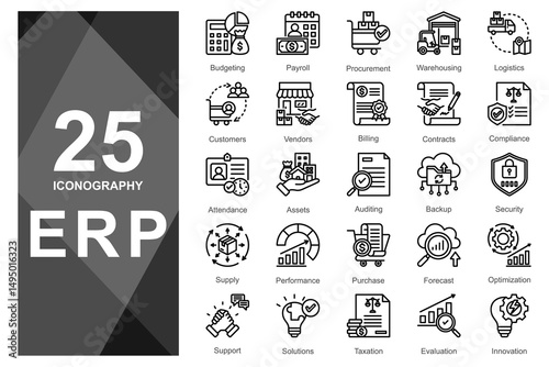 Clean line icons for enterprise suite operations.          