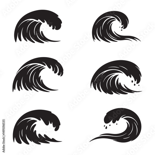 Elegant black silhouette wave illustrations set for various design and decorative purposes