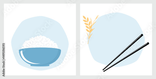Rice bowl, chopsticks and rice plant sign on white backgrounds vector.
