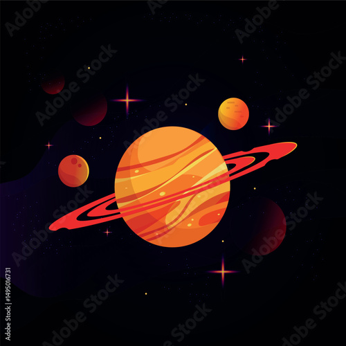 Cartoon Vector Illustration of a Planet with Rings in Outer Space