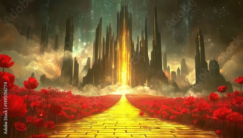 Golden path to a futuristic city, red poppies