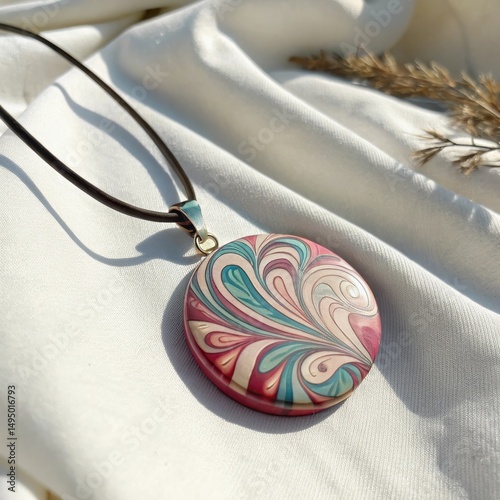 Unique handmade pendant featuring colorful marbled design on a leather cord