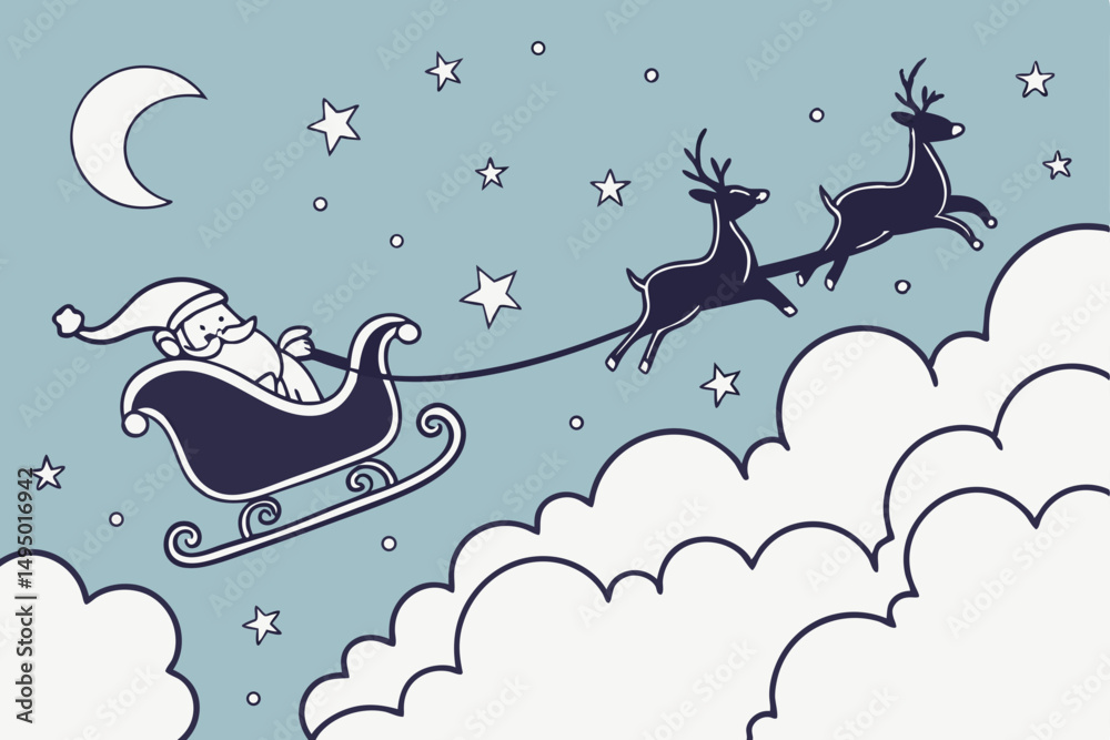 Obraz premium Flying Sleigh Above Clouds with Stars Dreamy Vector Illustration