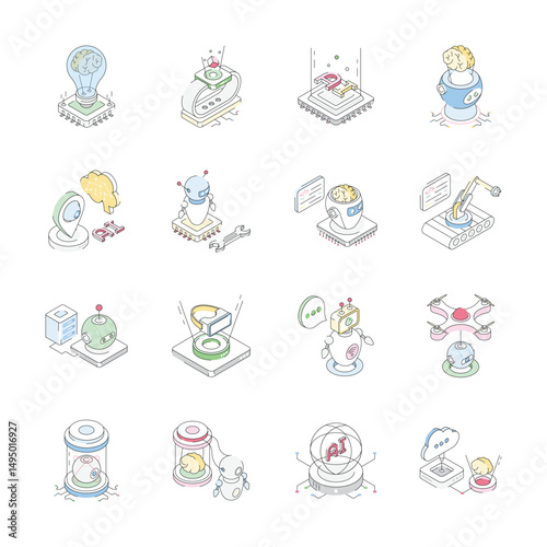 Well crafted handy pack showing isometric icons of ai and robotics