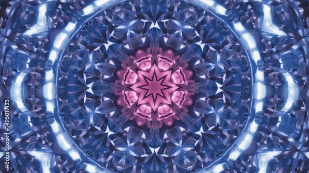 Abstract, symmetrical kaleidoscopic pattern with vibrant blue and purple lights, resembling a digital mandala.