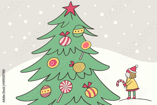 Whimsical Christmas tree with candy decorations vector illustration