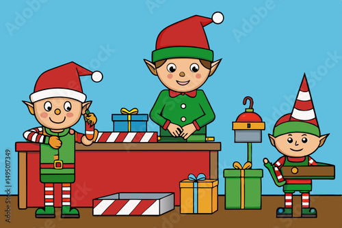 Elves working in Santa’s workshop vector cartoon illustration