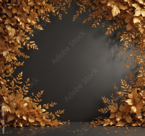 Golden leaves and flowers, textured backdrop, elegant design,  gold leaf,  pattern,  intricate