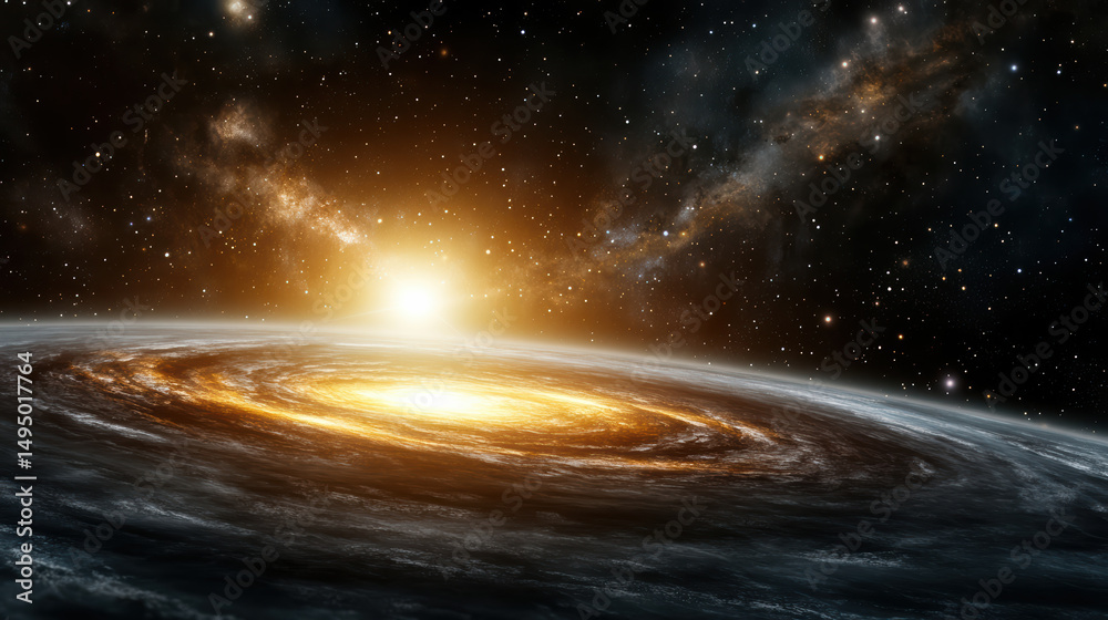 Stunning cosmic scene featuring glowing galaxy with swirling stars and radiant sun Stunning cosmic scene featuring glowing galaxy with swirling stars and radiant sun
