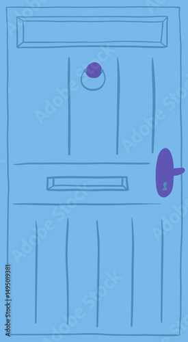 Blue door with purple handle, concept illustration of entrance, access and home.