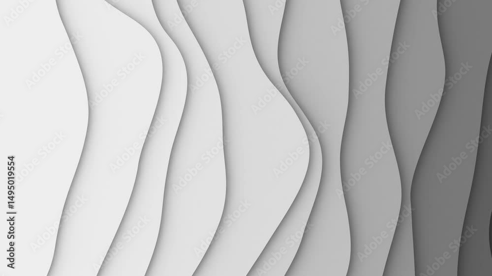3D Animation: Abstract design of wavy paper cutout layers with gray gradient and looping motion
