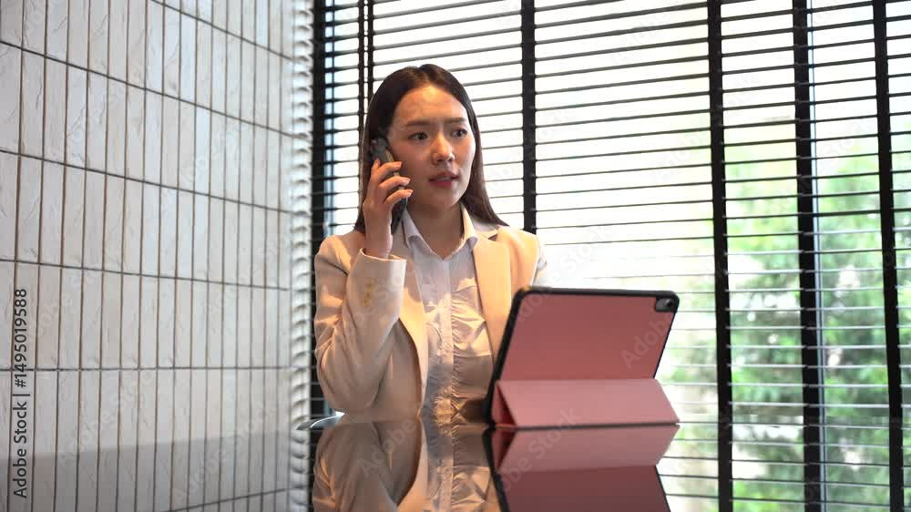 Focused Business Communication: A young businesswoman engaged in a focused phone conversation, with a tablet on the table, set against a modern backdrop with light and shadow.