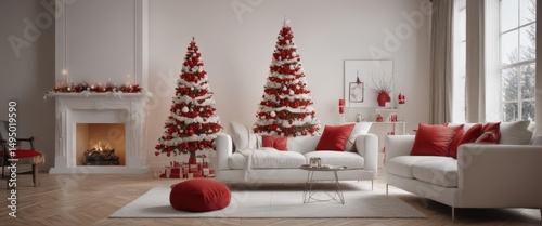 Modern minimalist white & red Christmas tree in contemporary living room , clean, festive decor