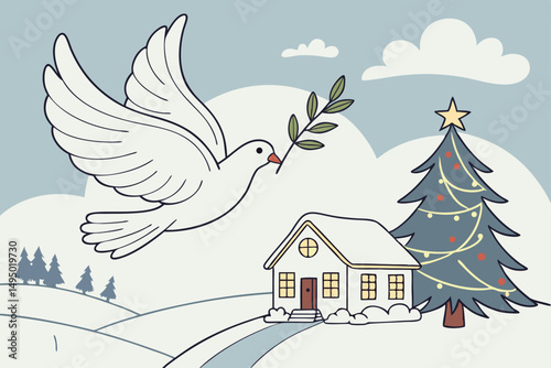peace dove flying over christmas scene vector illustration