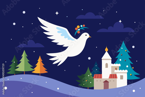 peace dove flying over christmas scene vector illustration