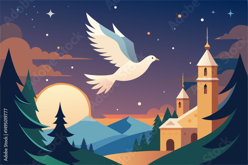 peace dove flying over christmas scene vector illustration