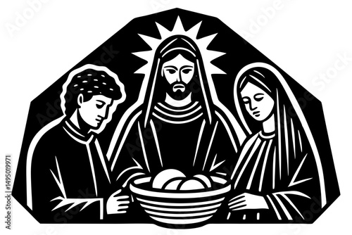 holy family in glowing manger line art vector illustration