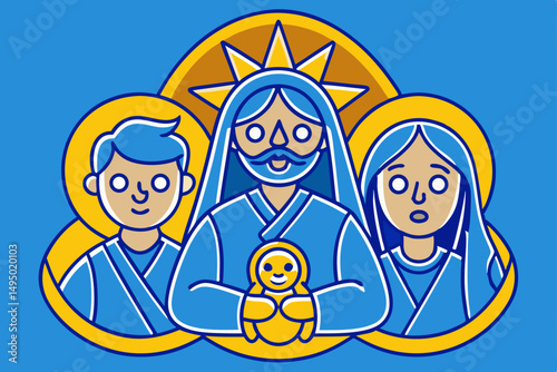 holy family in glowing manger line art vector illustration