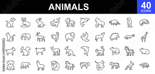 Animals icon set. Wild, domestic animals and sea inhabitants icons. Contains such icons as cow, goat, pig, horse, rooster, sheep, monkey, deer, wolf, rabbit, penguin, tiger,  shark, whale and more