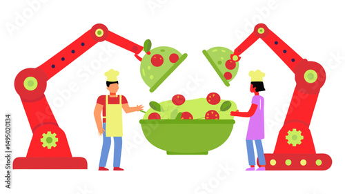 Illustration of chefs and robotic arms preparing a salad with tomatoes and lettuce in a green bowl together