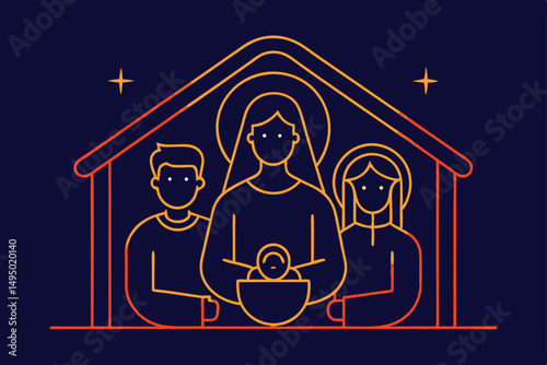 holy family in glowing manger line art vector illustration