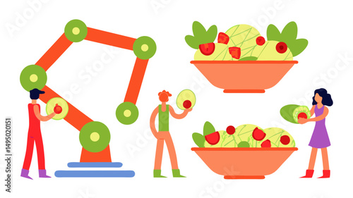 People preparing salads with robotic arm and bowls of salads with strawberries and lettuce leaves