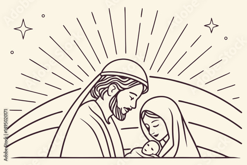 holy family in glowing manger line art vector illustration