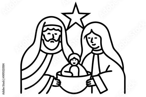 holy family in glowing manger line art vector illustration