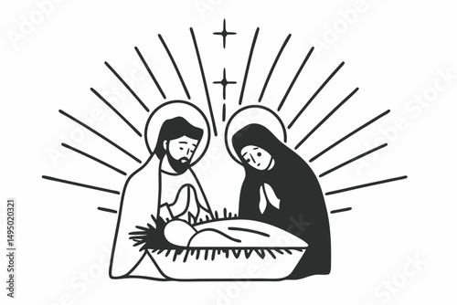 holy family in glowing manger vector line art illustration